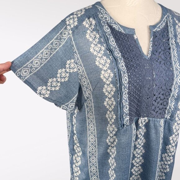 Como Vintage Blue & White Short Sleeve Boho Top Flowy Blouse Medium - Picture 5 of 8